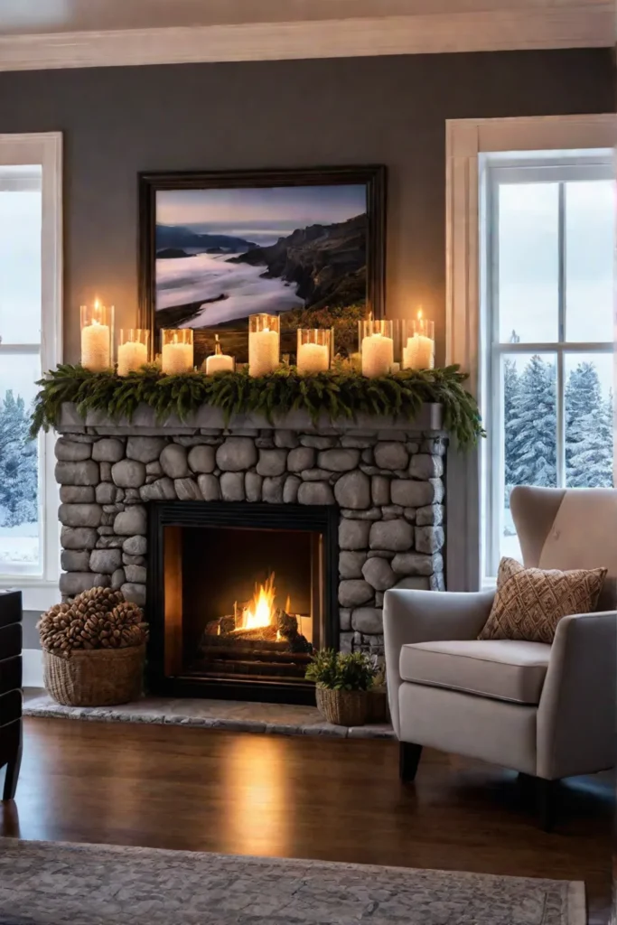 Cozy fireplace mantel with candles and family photos