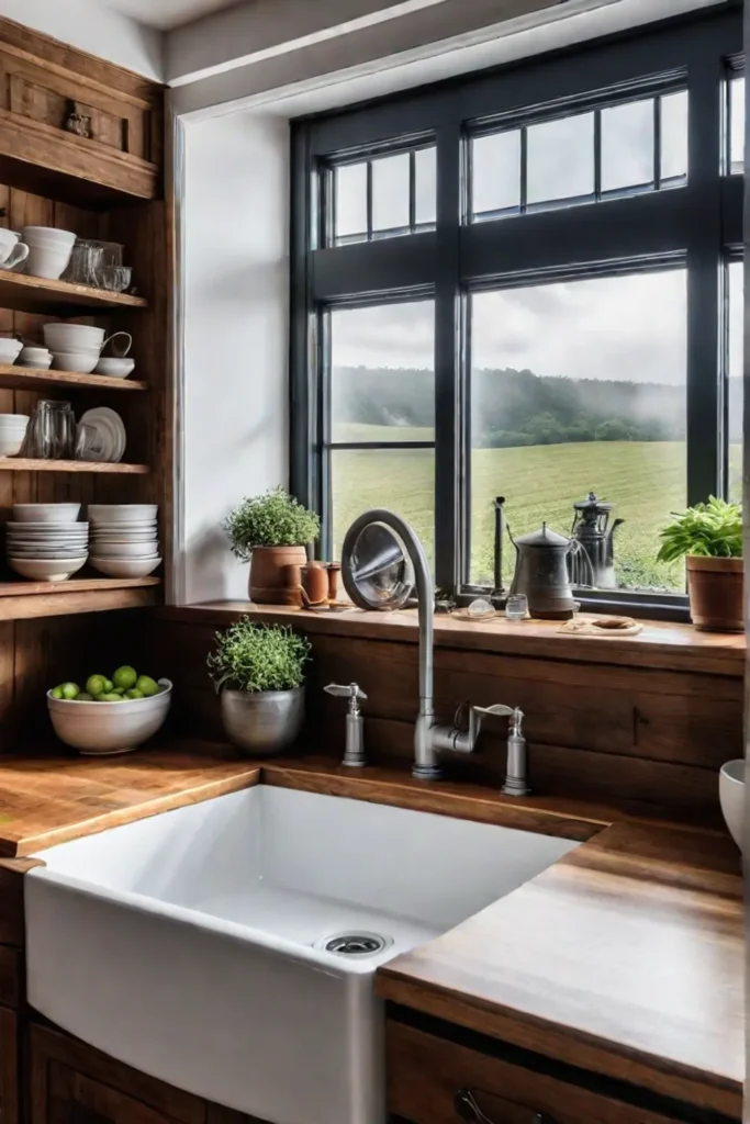 Cozy kitchen with farmhouse sink and open shelving