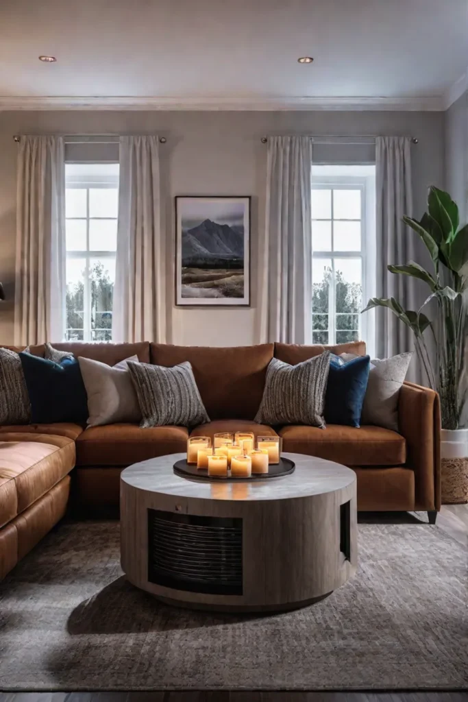 Cozy living room with soft music and scented candles