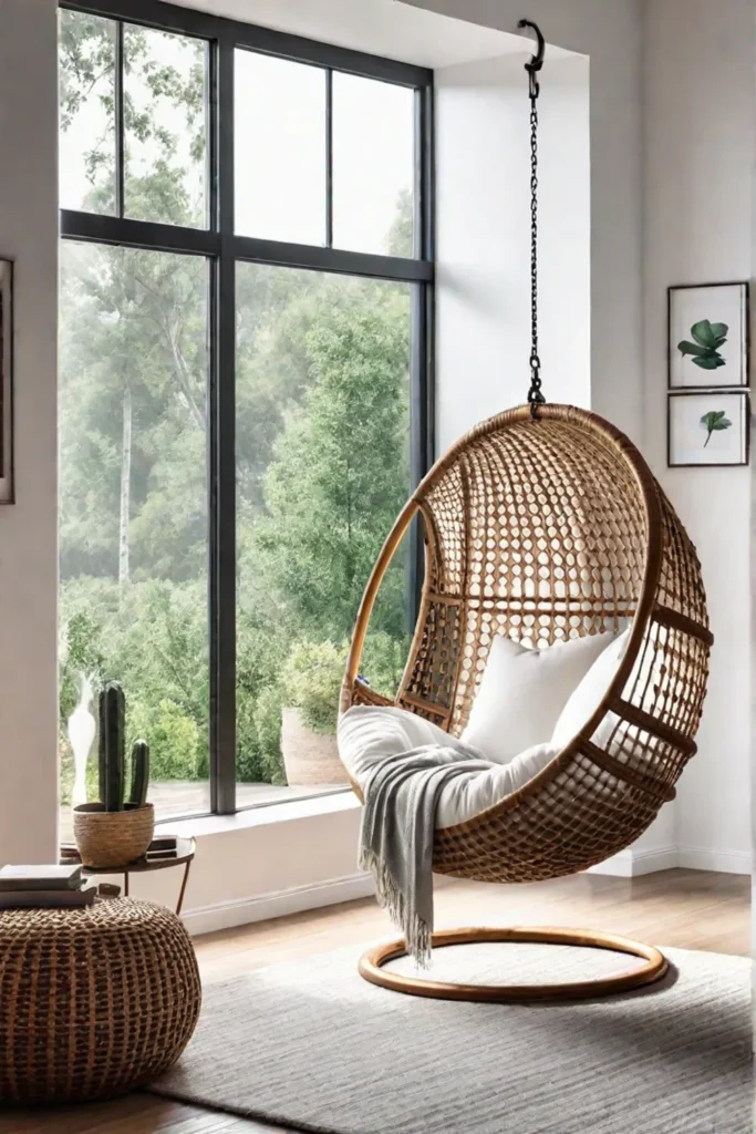 Cozy minimalist bedroom corner with rattan chair and natural view