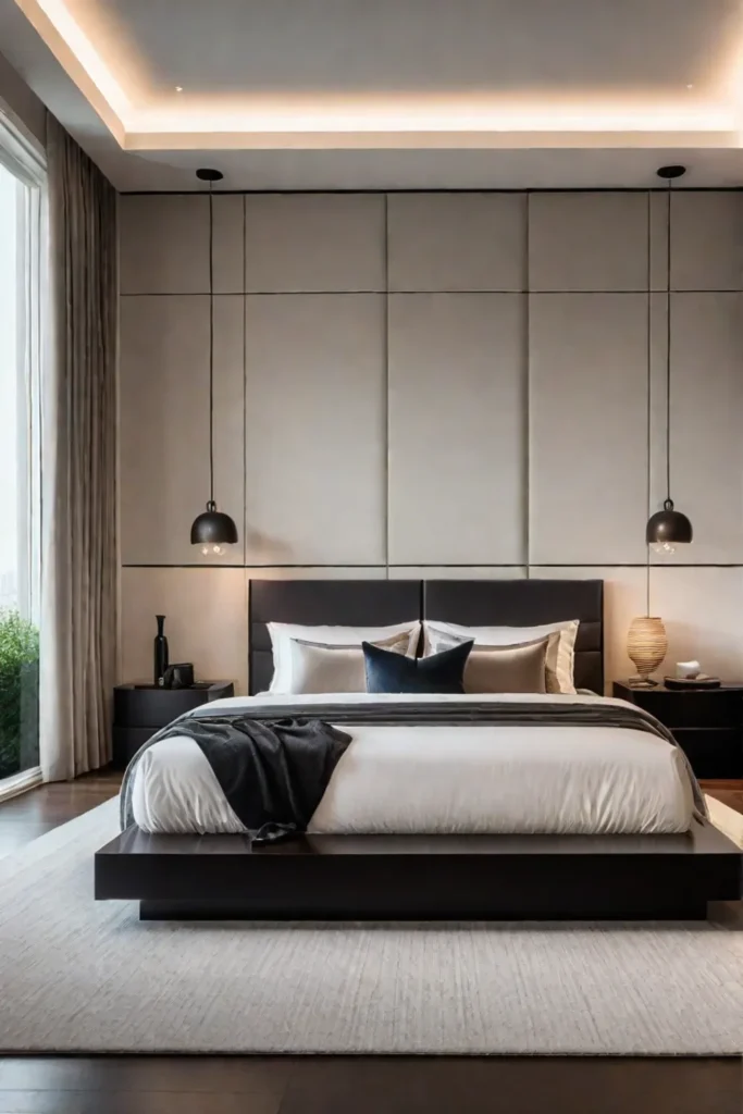 Cozy minimalist bedroom with dark wood accents