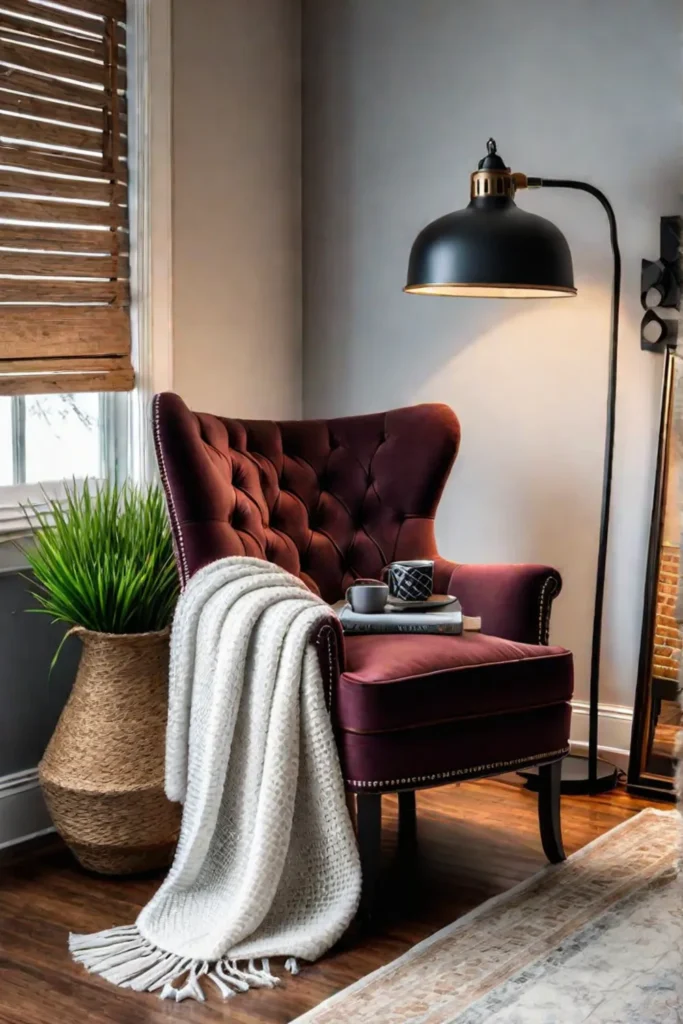 Cozy reading nook with armchair vintage lamp and botanical prints