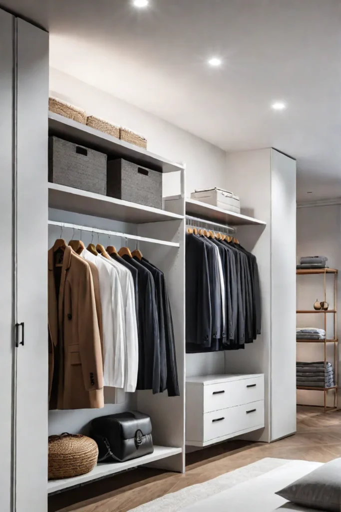 Decluttered minimalist bedroom with organized closet system