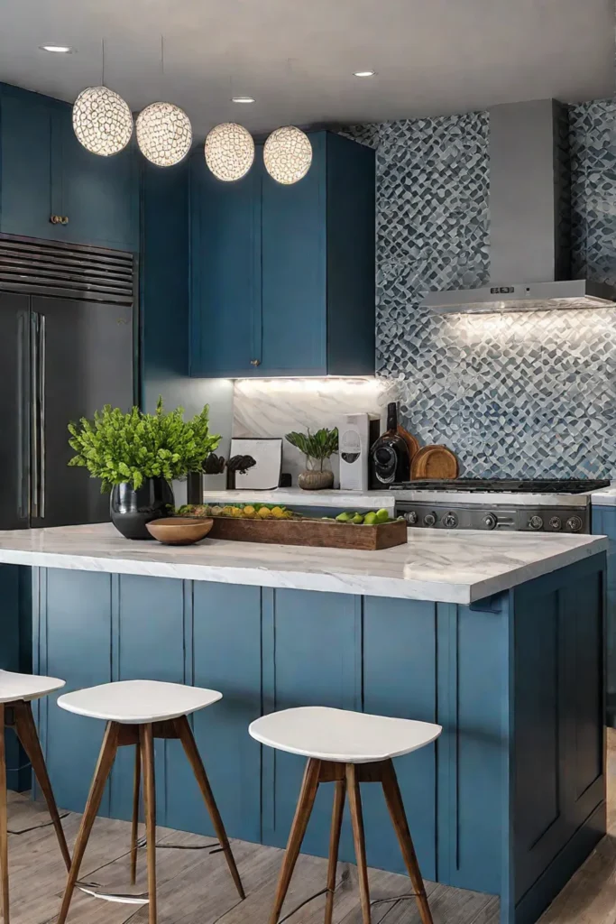 Eclectic kitchen with diverse pendant lights and undercabinet lighting