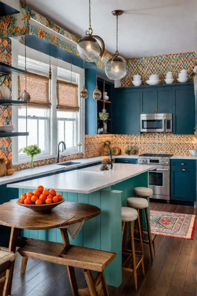 Eclectic kitchen with hanging baskets and open shelves