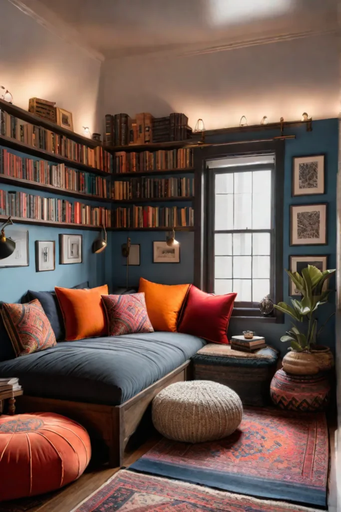 Eclectic mix of books and artifacts in a cozy space