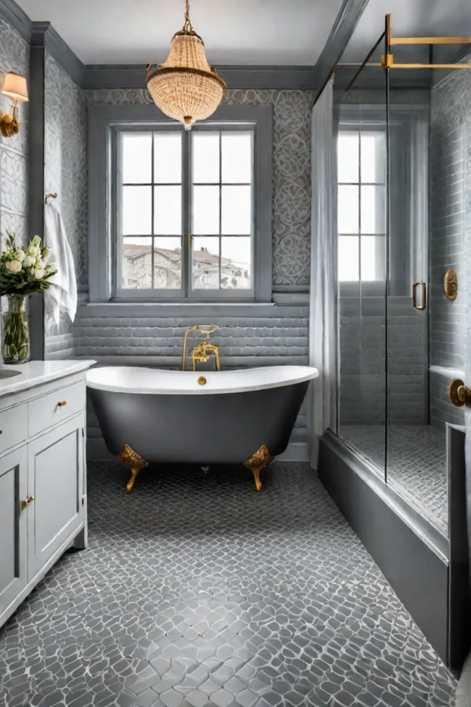 Elegant bathroom with clawfoot tub and patterned floor tiles
