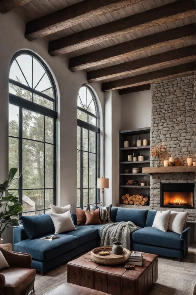 Exposed beams and brick fireplace in rustic living room