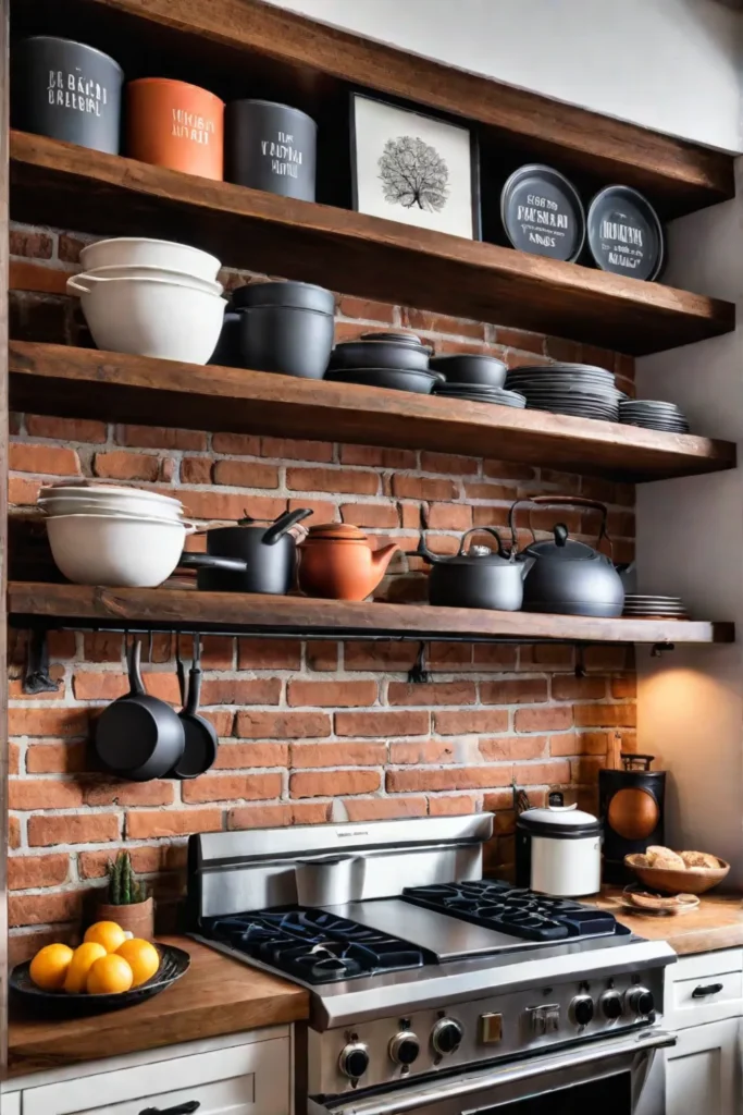 Farmhouse kitchen with open shelves and hanging cookware