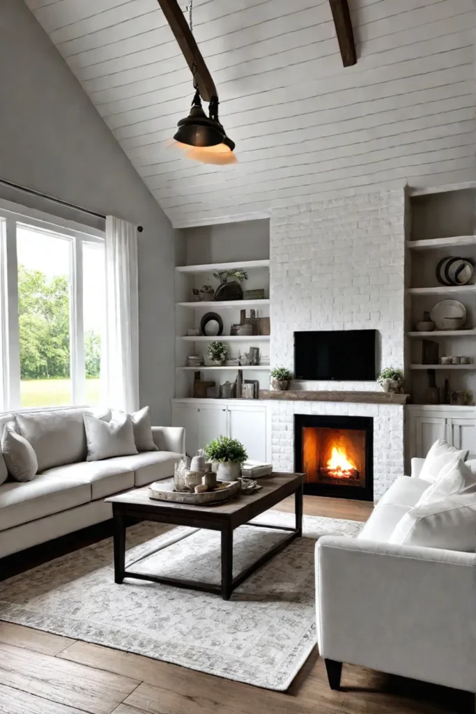 Farmhouse living room with whitewashed fireplace and rustic decor