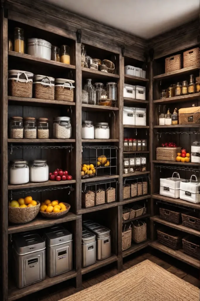 Farmhousestyle pantry with wooden shelves and wire baskets