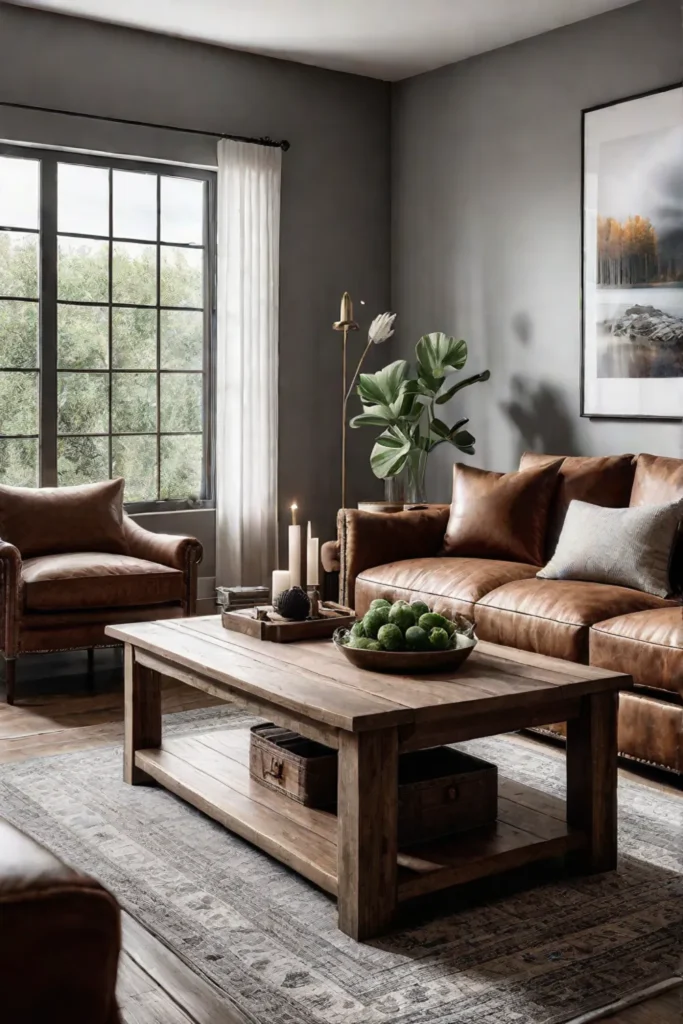 Farmhousestyle rustic living room with shiplap walls and leather sofa