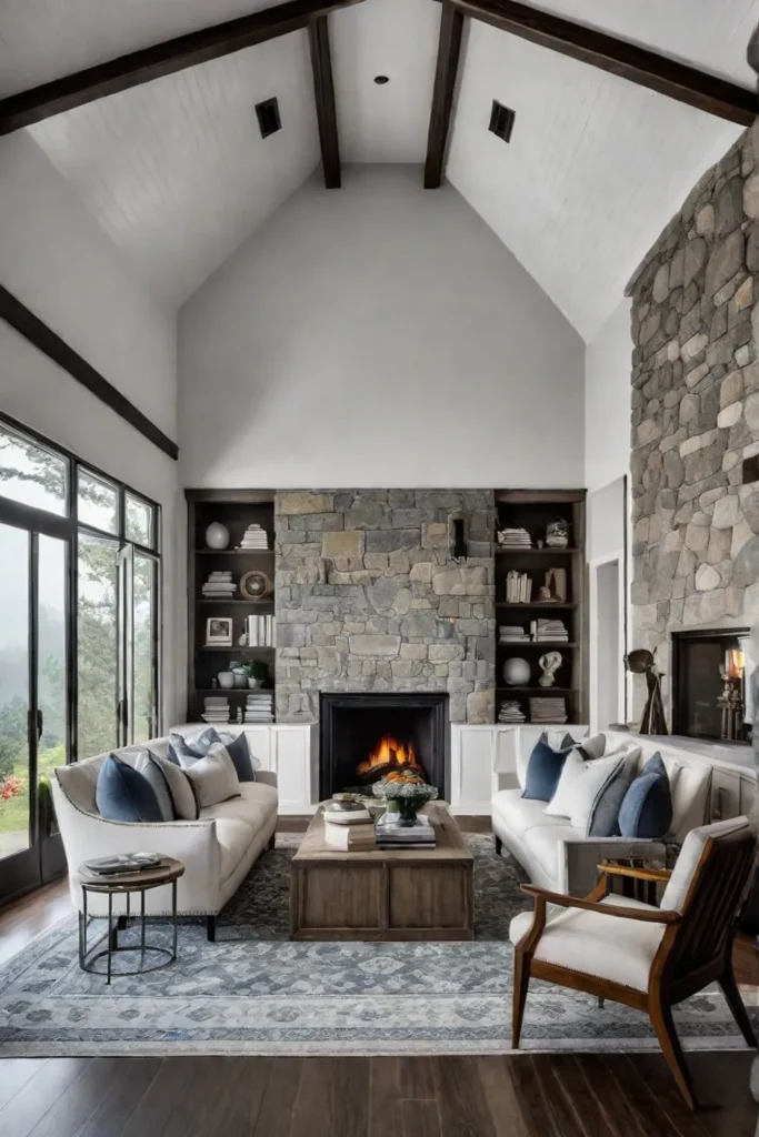 Floortoceiling stone fireplace in lightfilled living room
