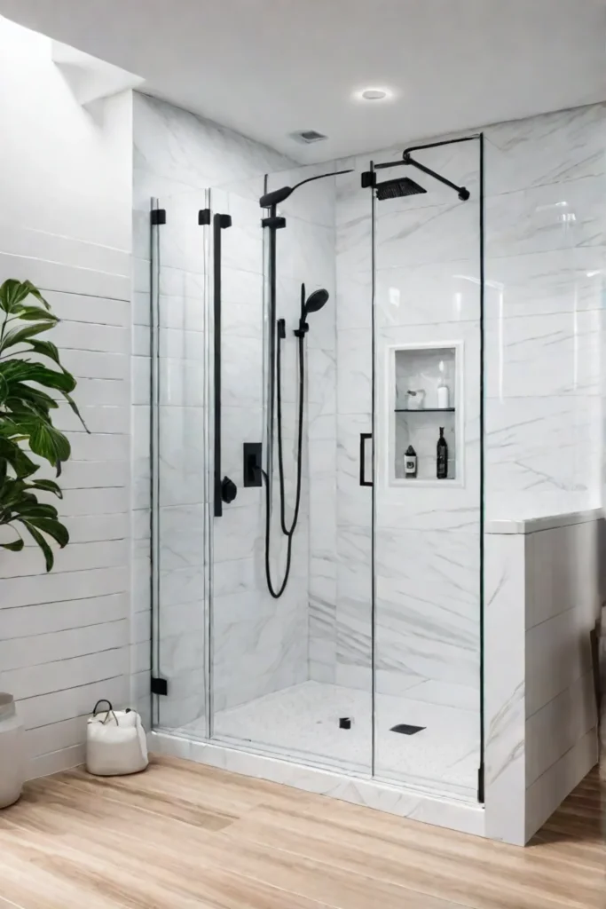 Frameless glass shower enclosure with rainfall showerhead in a small bathroom