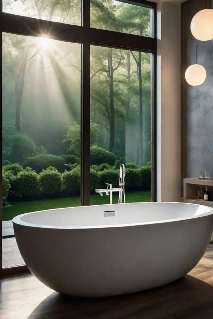 Freestanding bathtub by a window with a garden view
