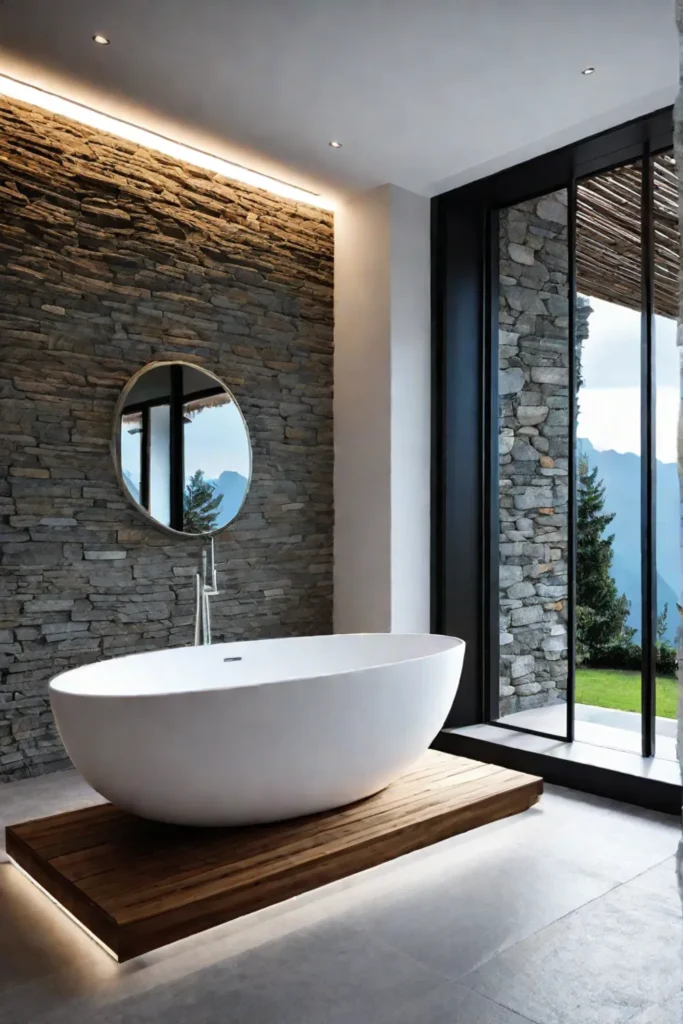 Freestanding bathtub with natural stone backdrop