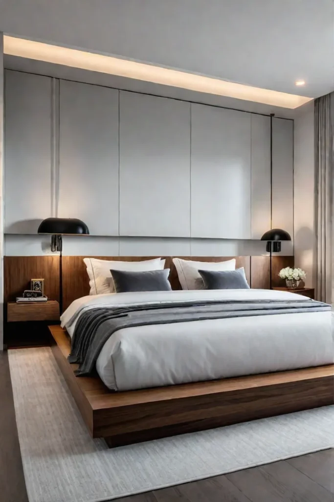 Functional minimalist bedroom with builtin headboard and integrated lighting