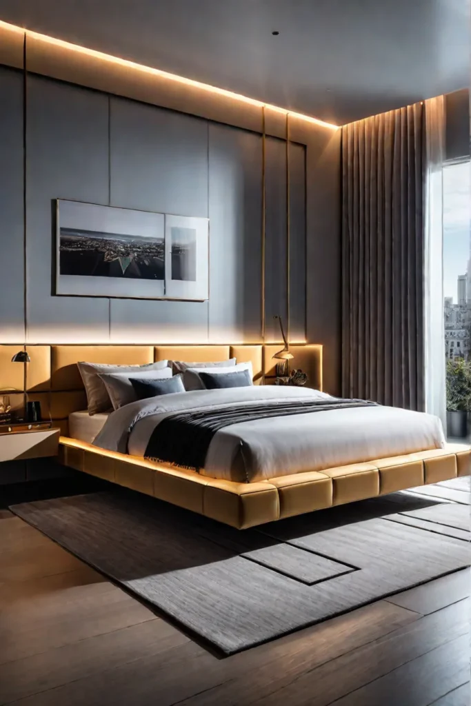 Futuristic bedroom with smart home technology and metallic accents