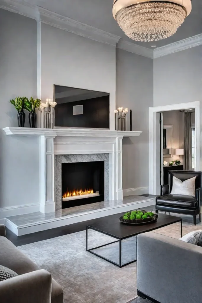 Gas fireplace with black surround in transitional living room