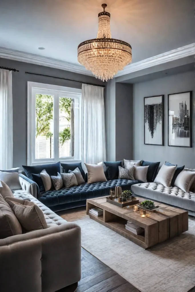 Glamorous rustic chic living room with chandelier velvet pillows and metallic finishes