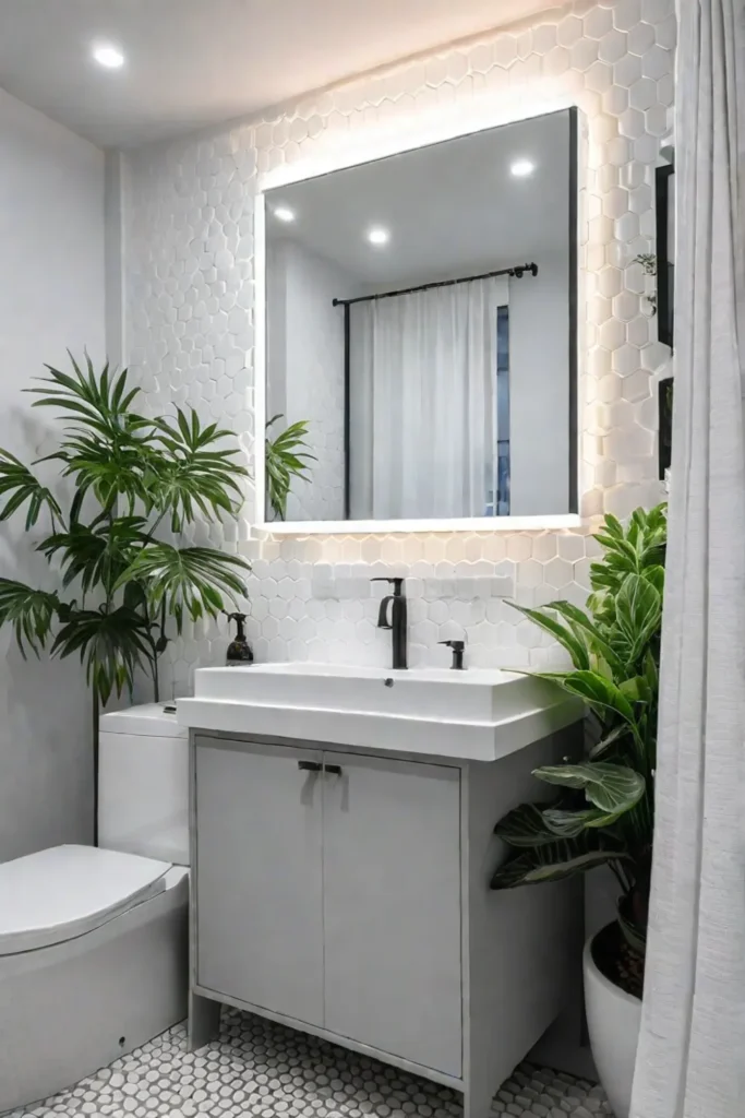 Gray bathroom with white hexagonal tile and plants