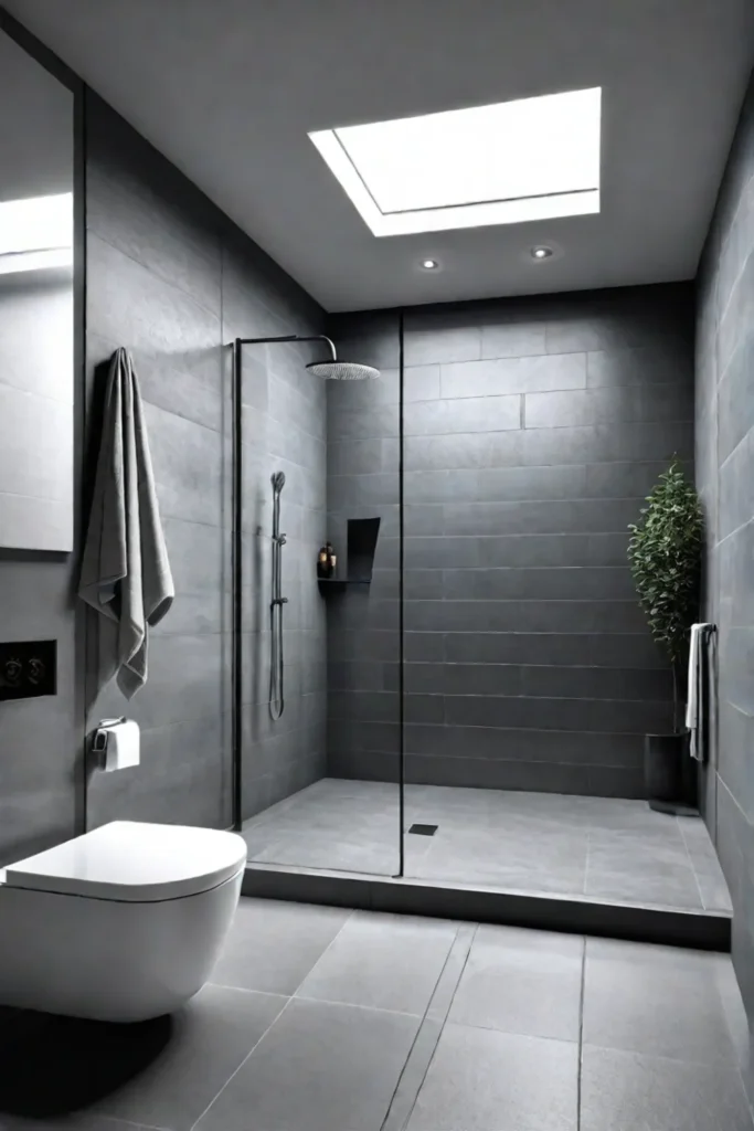 Gray tiles and a frameless glass enclosure create a clean and contemporary shower