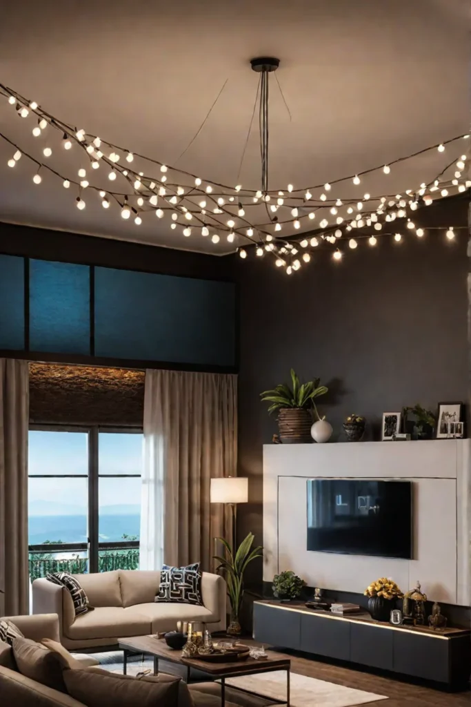 Illuminated living room with pendant lights