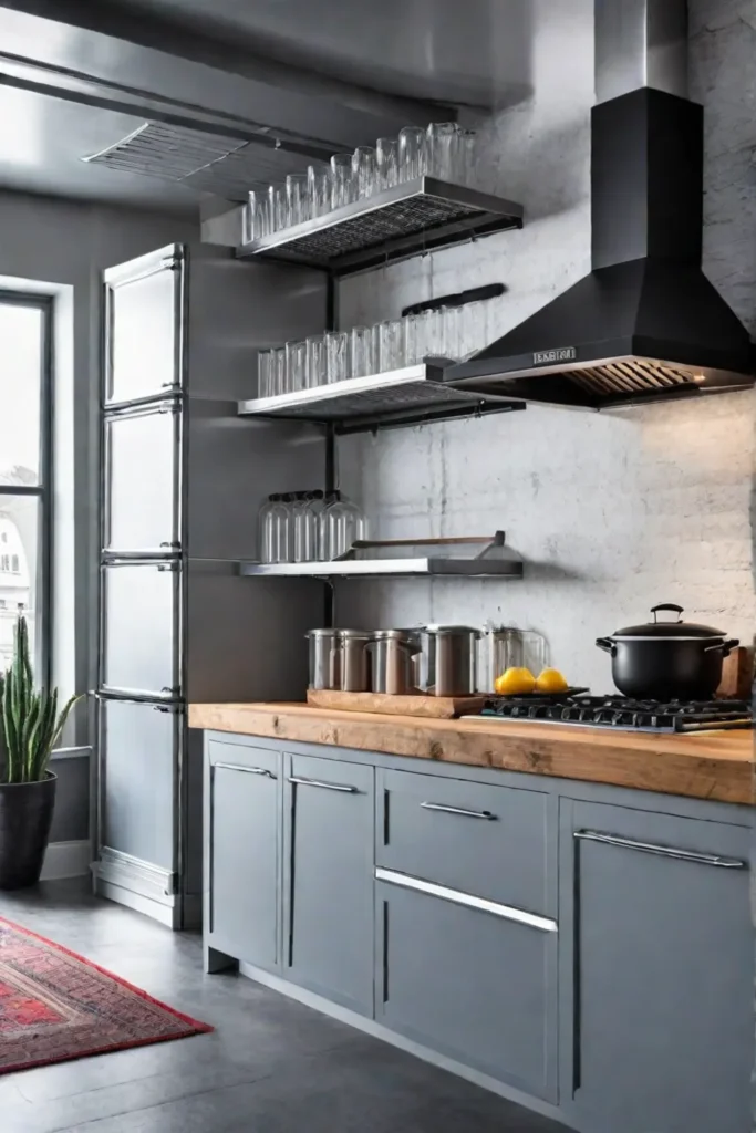 Industrial kitchen with metal shelves and rolling cart