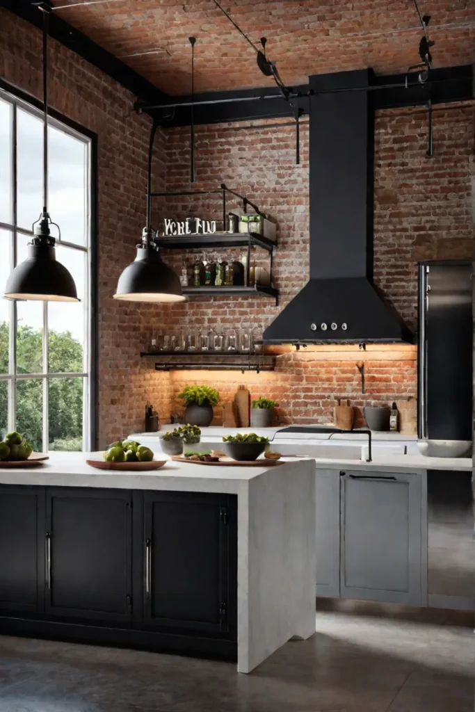 Industrial kitchen with track lighting and Edison bulbs