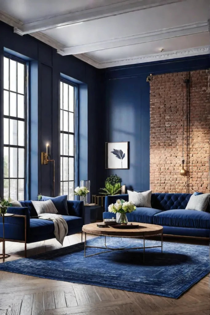 Industrial living room with exposed brick and navy blue accent wall