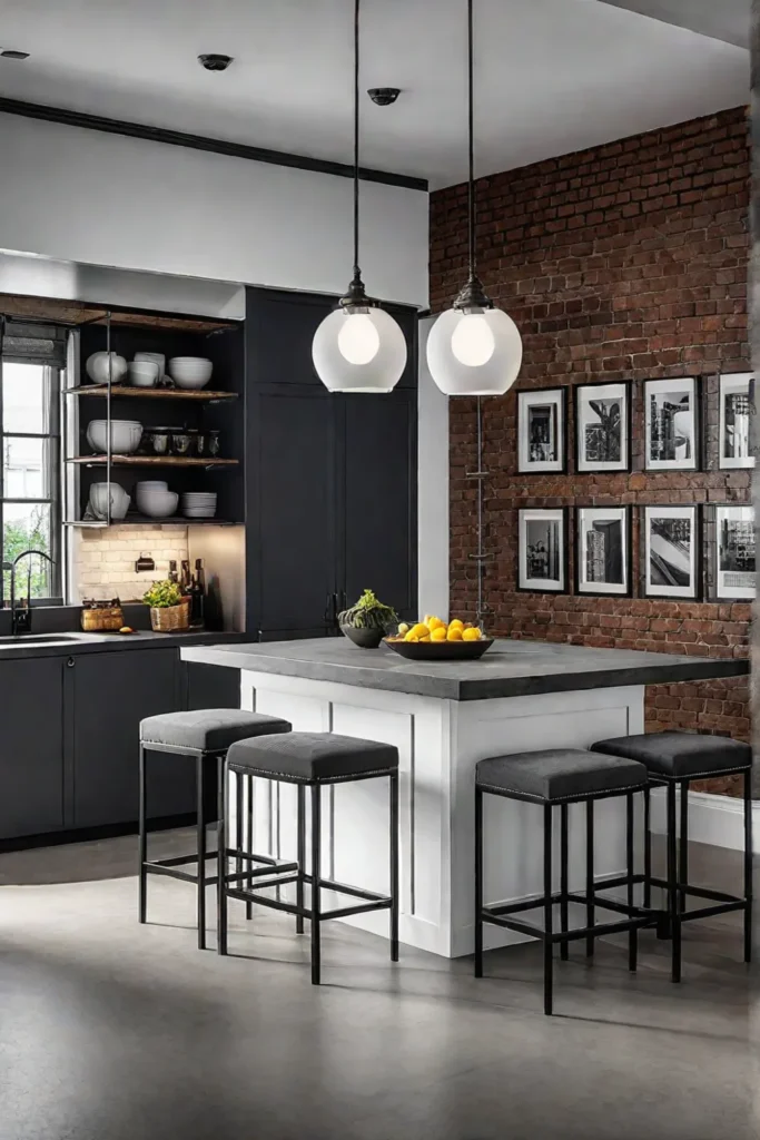 Industrial kitchen with concrete countertops and brick backsplash