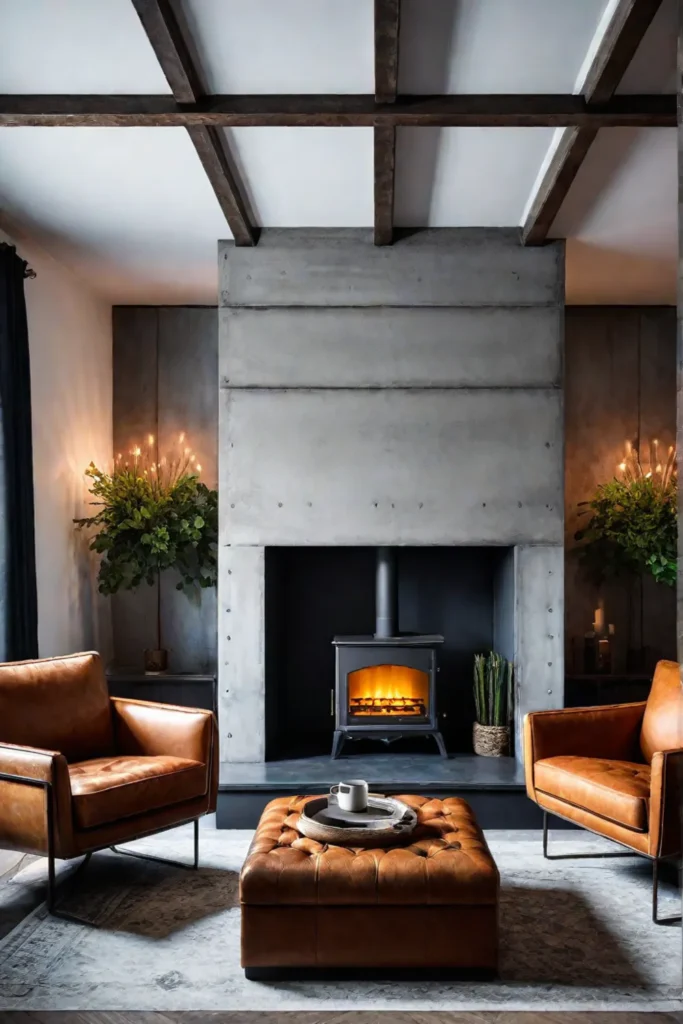 Industrial living room with metal fireplace and exposed ductwork