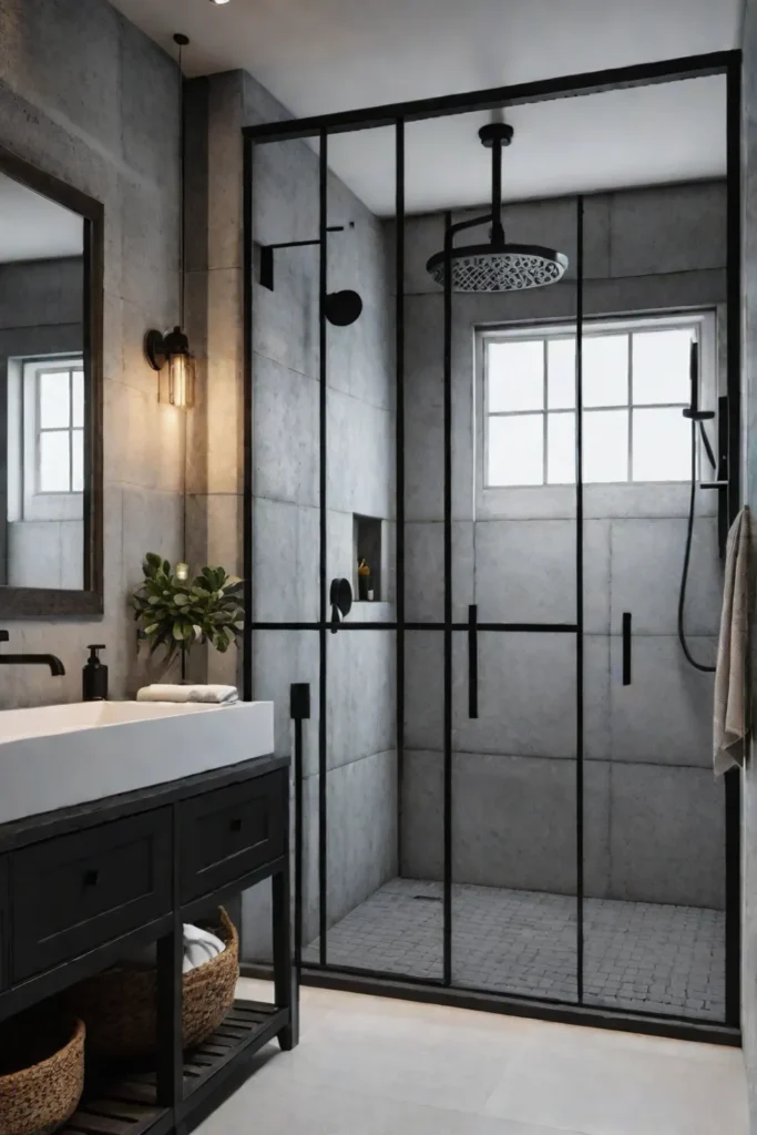 Industrialchic bathroom with concrete tiles and matte black fixtures