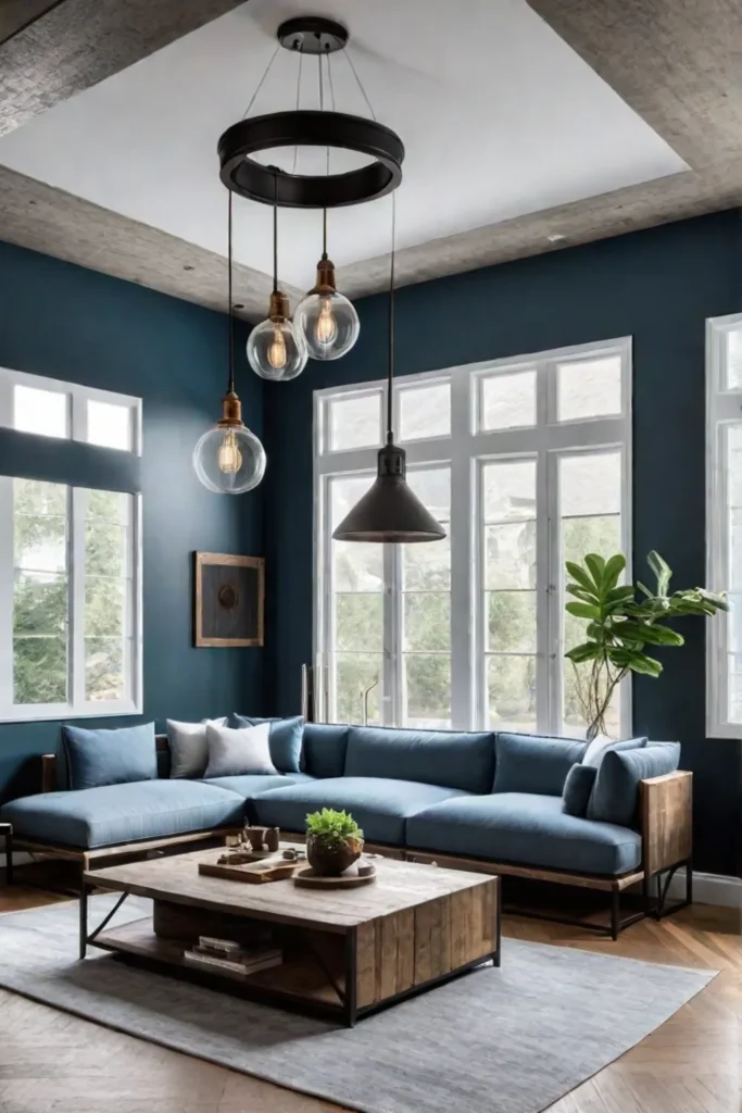 Industrialinspired living room with exposed ductwork metal accents and plush textiles