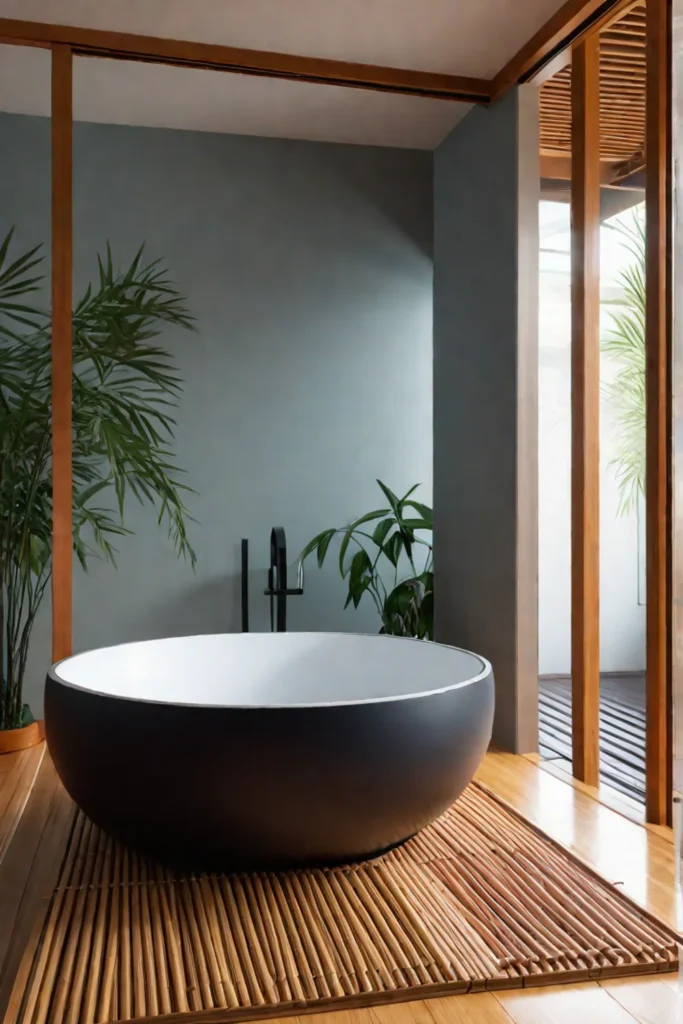 Japaneseinspired minimalist bathroom with soaking tub and natural materials