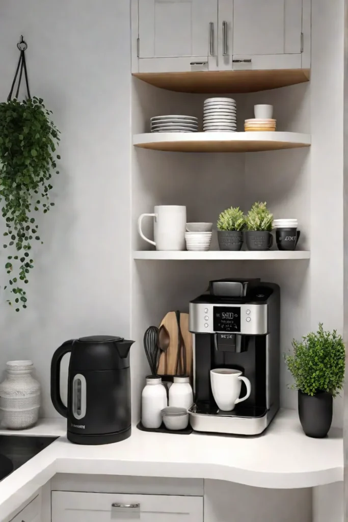 Kitchen corner coffee station with shelves and a hanging rack