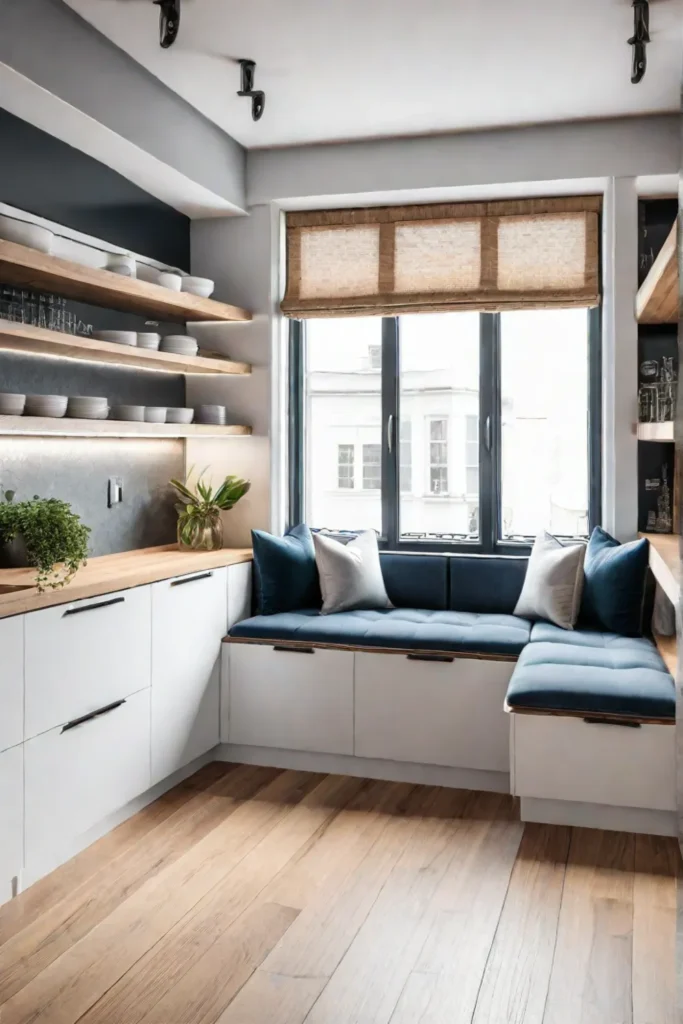 Kitchen corner window seat with storage drawers