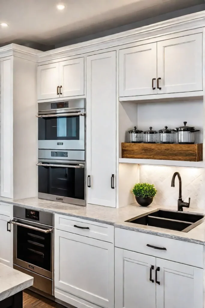 Kitchen corner with a mix of closed cabinets and open shelves