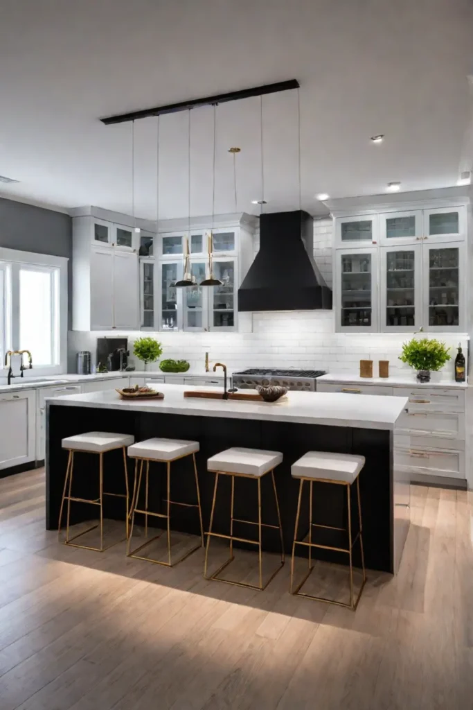 Kitchen island with wine rack and open shelving