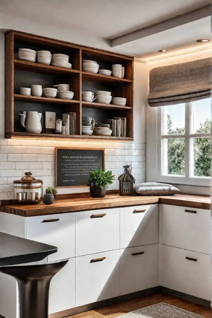 Kitchen nook with builtin corner storage for cookbooks and linens