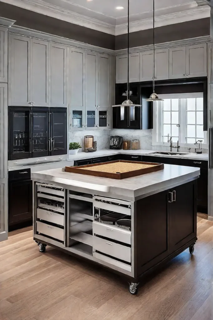 Kitchen with baking center and hanging rack