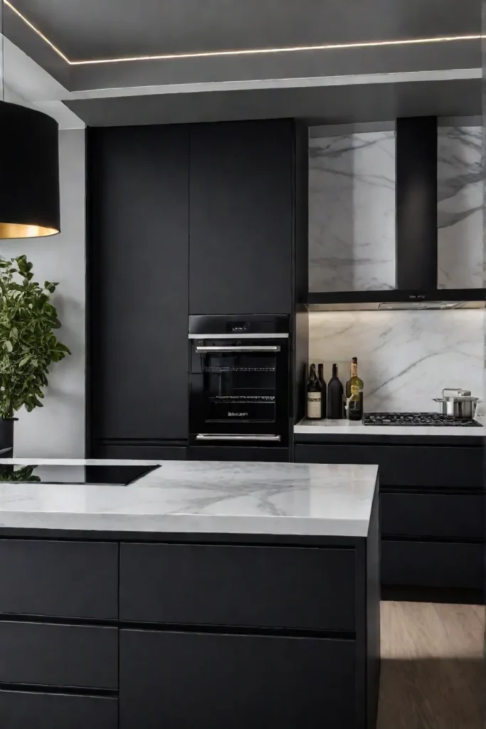 Kitchen with black matte cabinets and integrated appliances