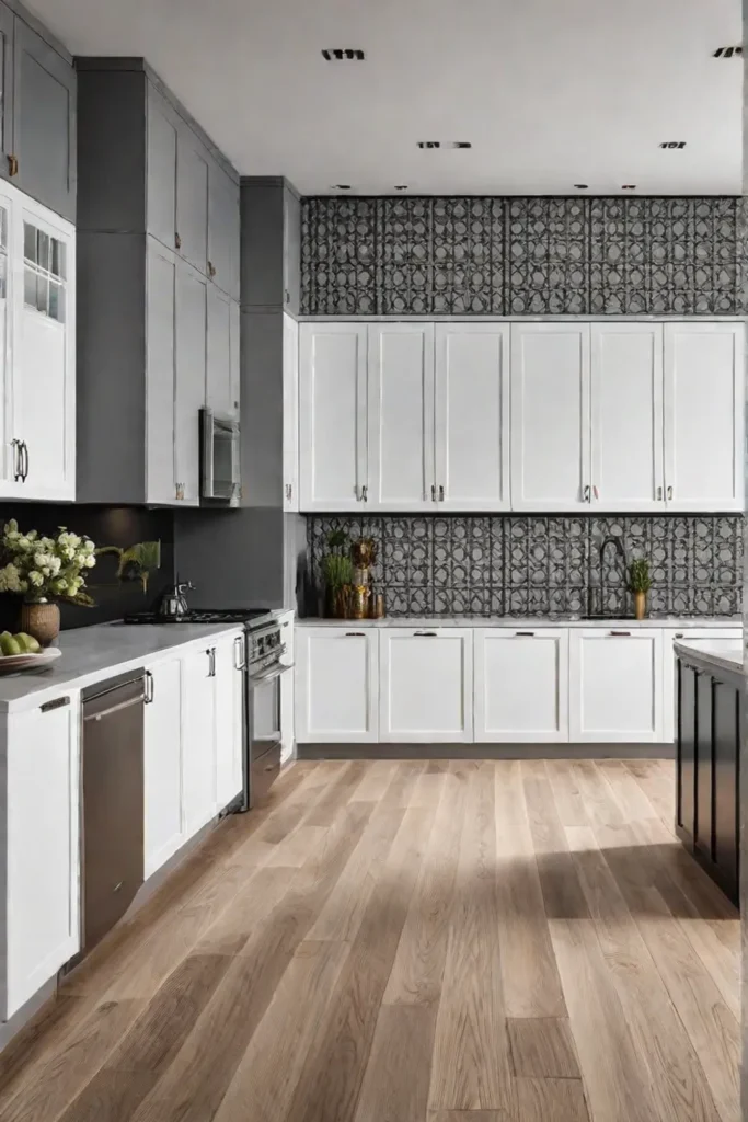 Kitchen with hardwood flooring and patterned wallpaper