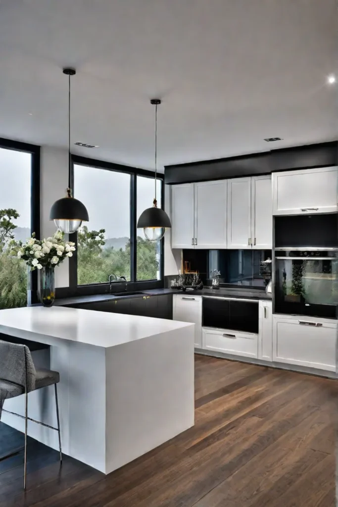 Kitchen with layered lighting scheme including pendants recessed and undercabinet lights