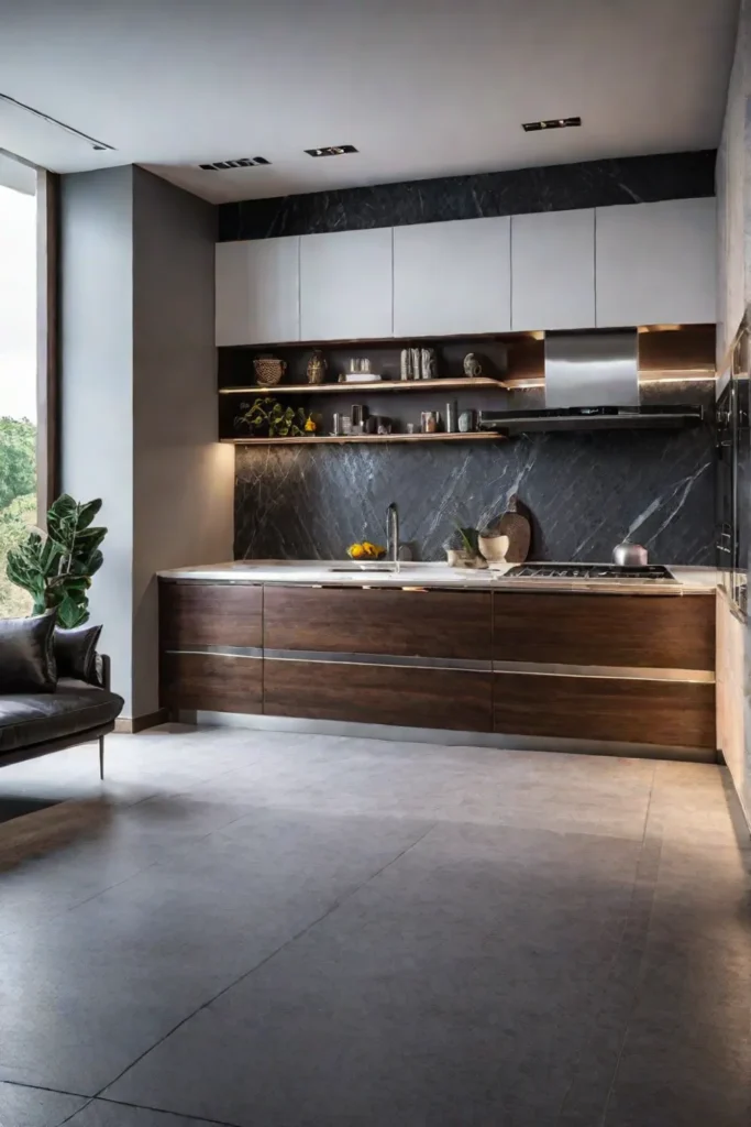 Kitchen with mixed materials and diverse lighting