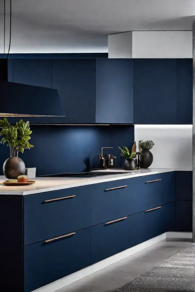 Kitchen with modern navy blue cabinets