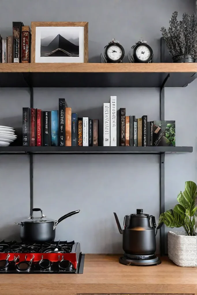 Kitchen with open shelving displaying a curated cookbook collection