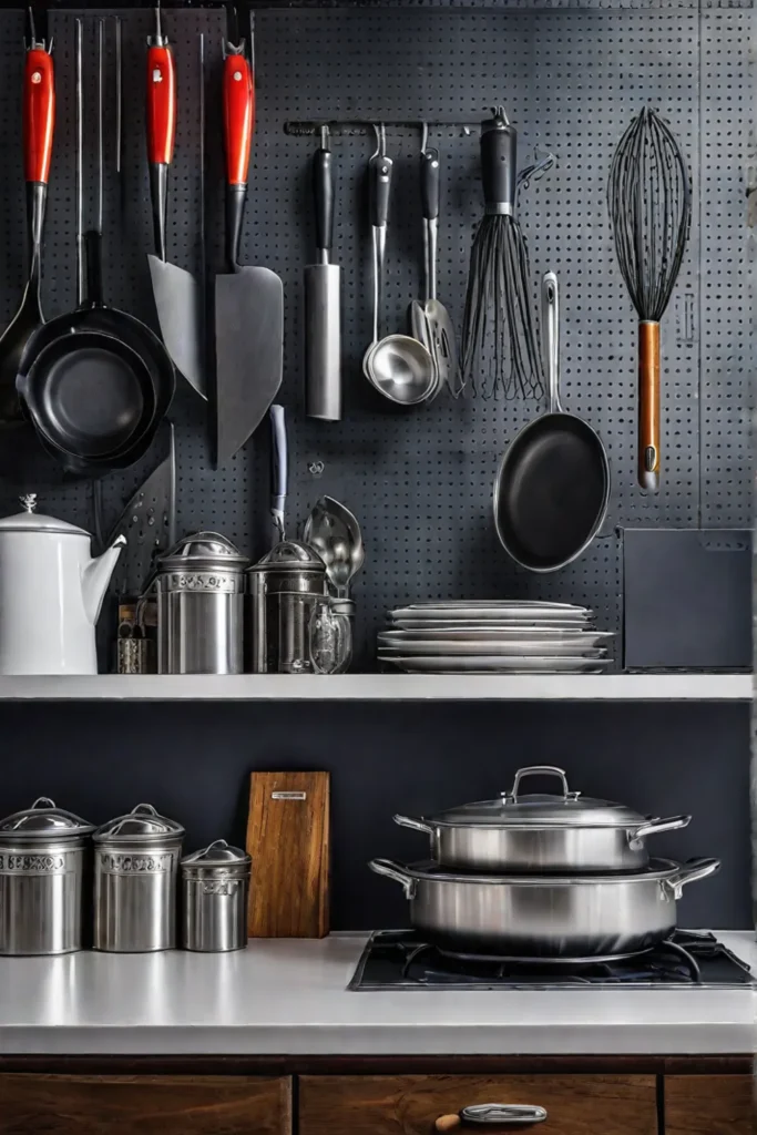 Kitchen with pegboard wall displaying vintage tools