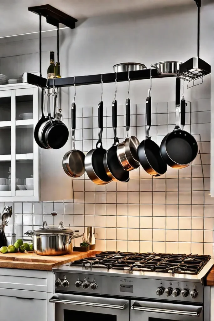 Kitchen with pot rack above stove
