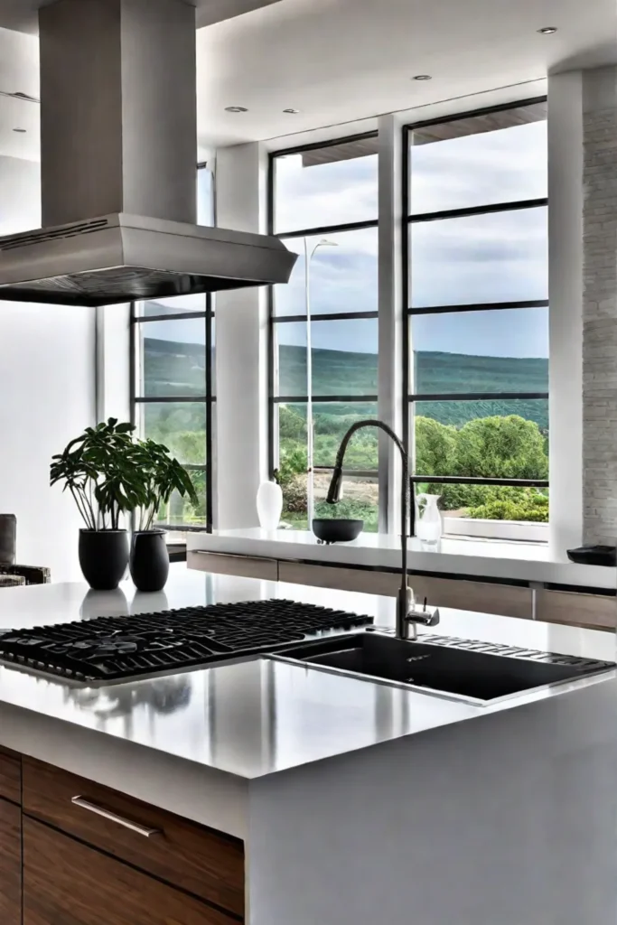 Kitchen with scenic view and interior lighting